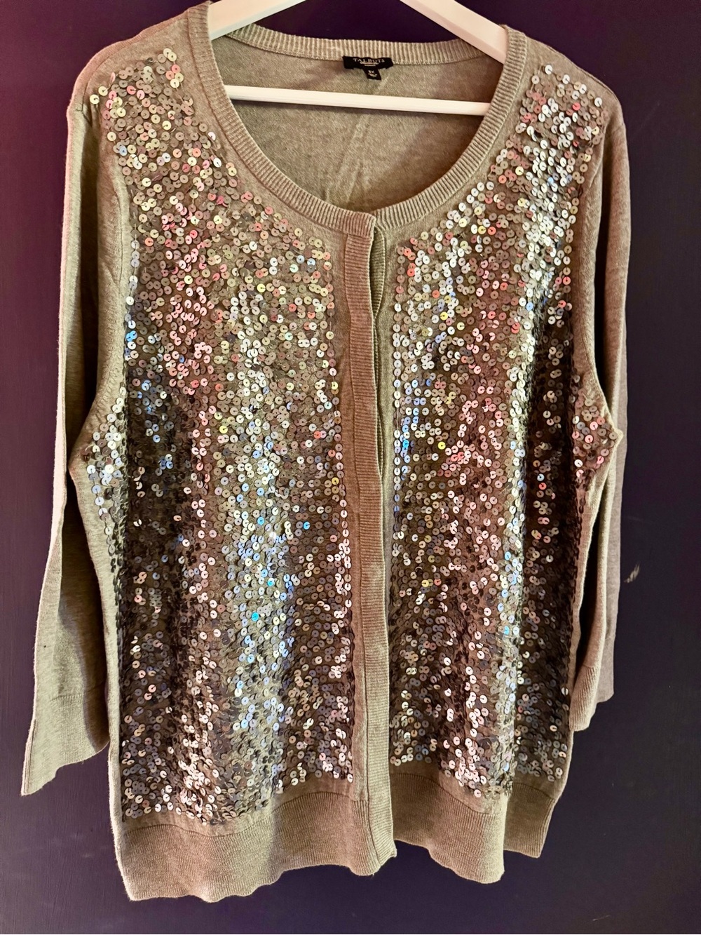 Talbots Sequin-Embellished Grey Women’s Cardigan 3/4 Sleeve Sweater, 3X
